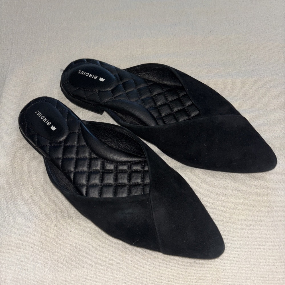 Birdies The Swan Black Suede Mules Shoes Women's Sz7 Casual Career Minimalist